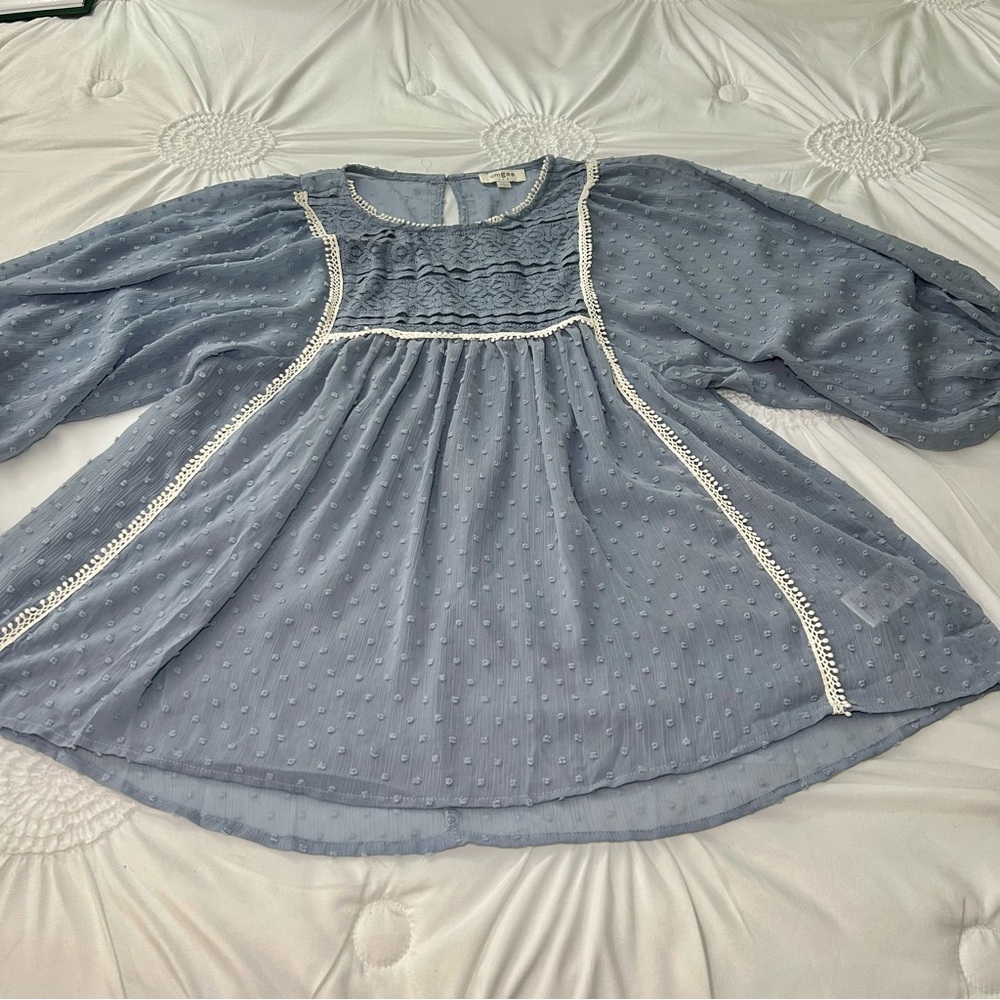 Umgee Blue Sheer Swiss Dot Lace Trim Balloon Sleeve Cottagecore Blouse Sz Medium - Picture 7 of 16